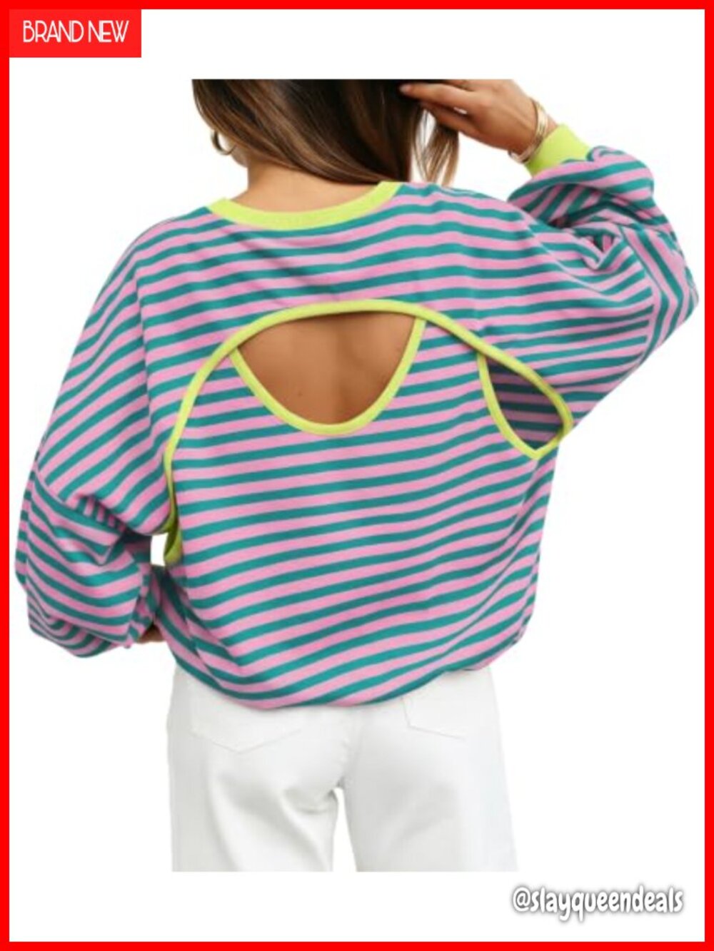 Striped Long Sleeve Open Back Sweatshirt Womens Crew Neck Oversized Top